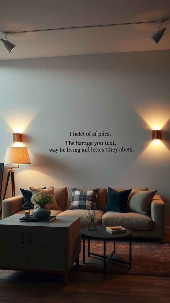 A cozy living room with strategic lighting highlighting wall text and decor elements.