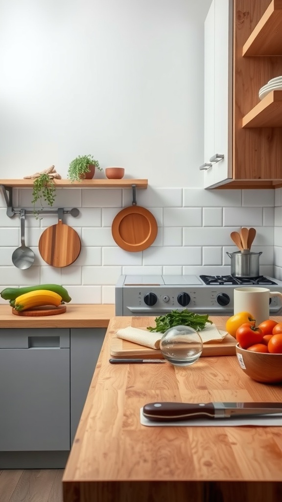 A modern kitchen featuring a butcher block with fresh produce and kitchen utensils.