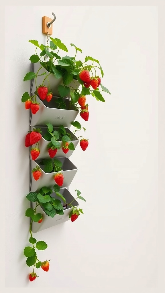 Vertical shoe organizer filled with strawberry plants and ripe strawberries