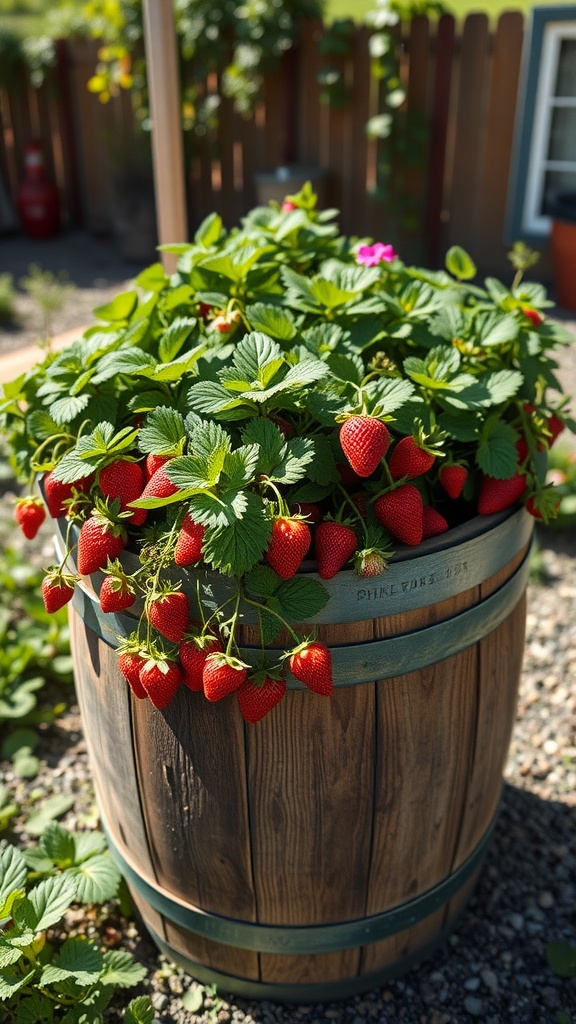 A wine barrel filled with lush green strawberry plants and ripe red strawberries.