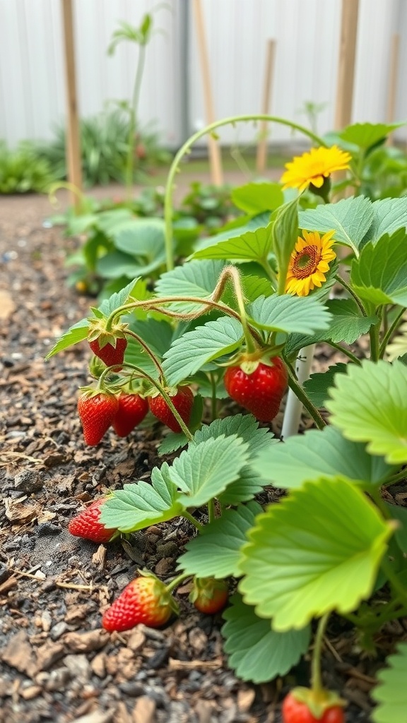 A garden scene featuring strawberry plants with ripe strawberries and bright yellow sunflowers in the background.