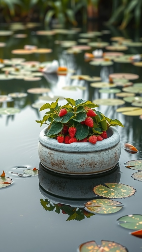 A floating garden pot filled with strawberries on a calm pond surrounded by lily pads.