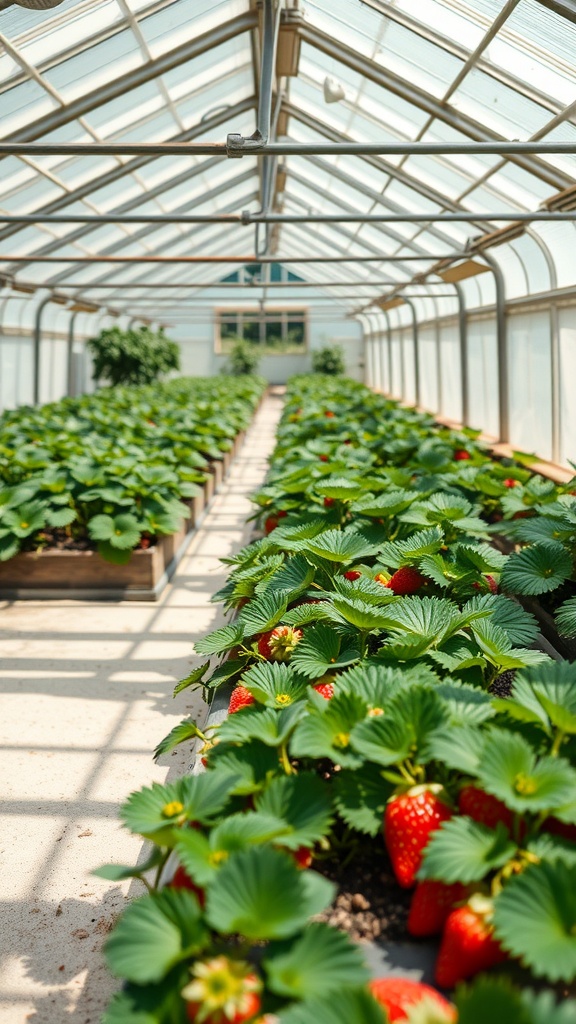 A greenhouse filled with strawberry plants and ripe strawberries