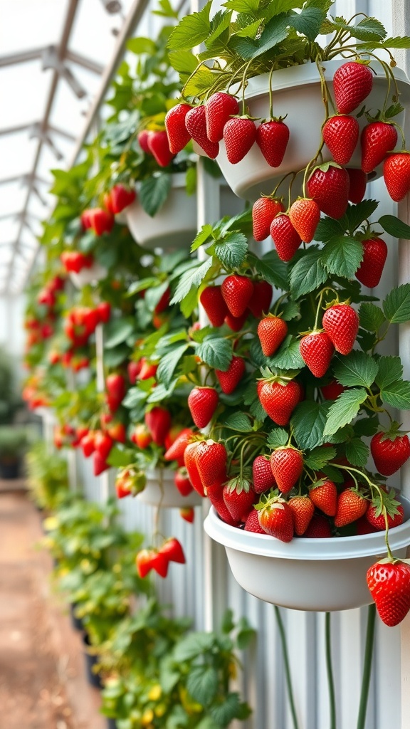 Hanging vertical planters filled with ripe strawberries and green leaves