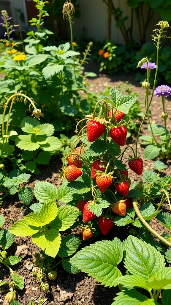 Lush strawberry plants with ripe strawberries among green leaves