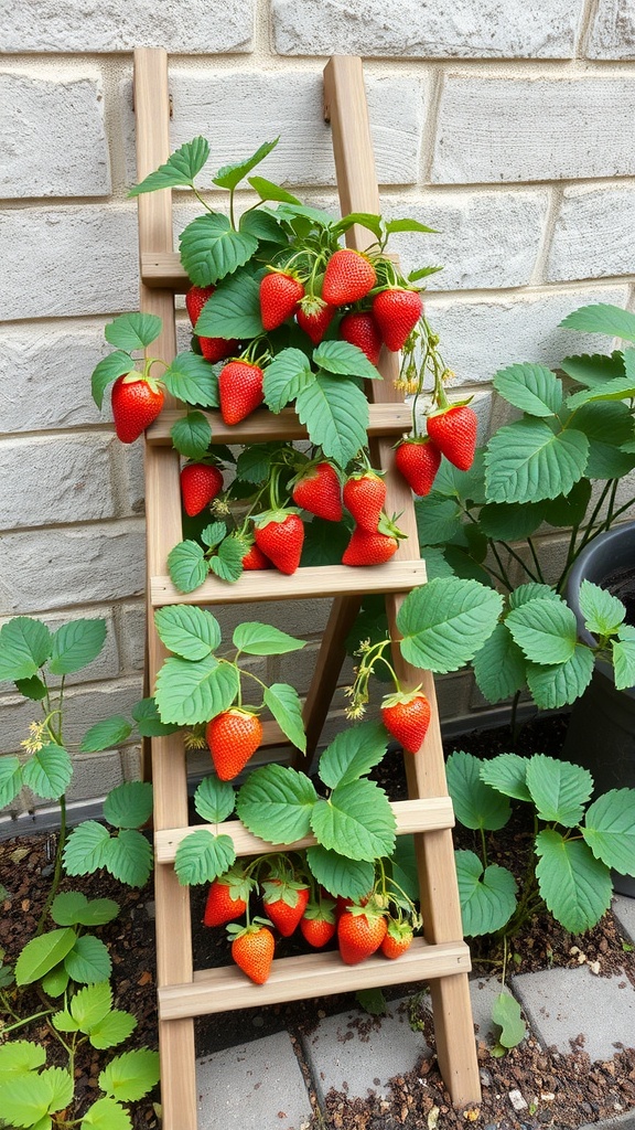 A wooden ladder planter filled with ripe strawberries and green leaves, set against a stone wall.