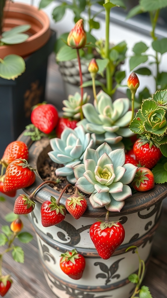 A pot with strawberries and succulents, showcasing a colorful combination of plants.