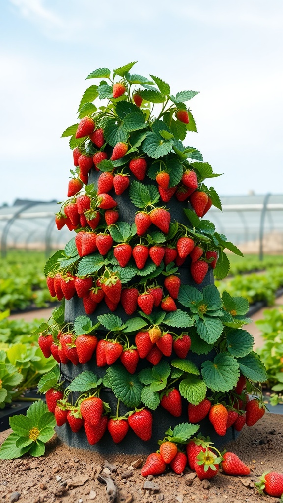 A tower garden filled with ripe strawberries and green leaves, showcasing an innovative vertical gardening design.