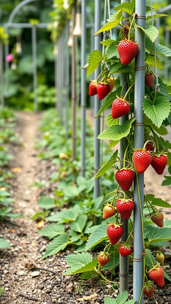 A row of strawberry plants climbing a metallic trellis with ripe strawberries