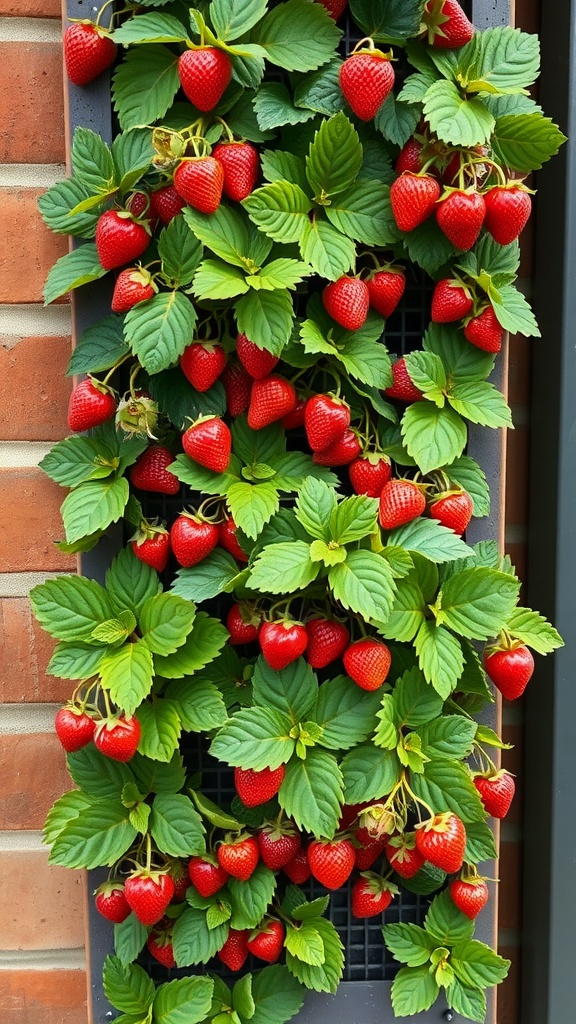 A wall-mounted strawberry planter filled with ripe strawberries and green leaves