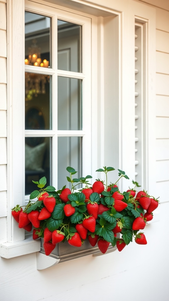 A window box filled with strawberries, showcasing red fruit and lush green leaves.