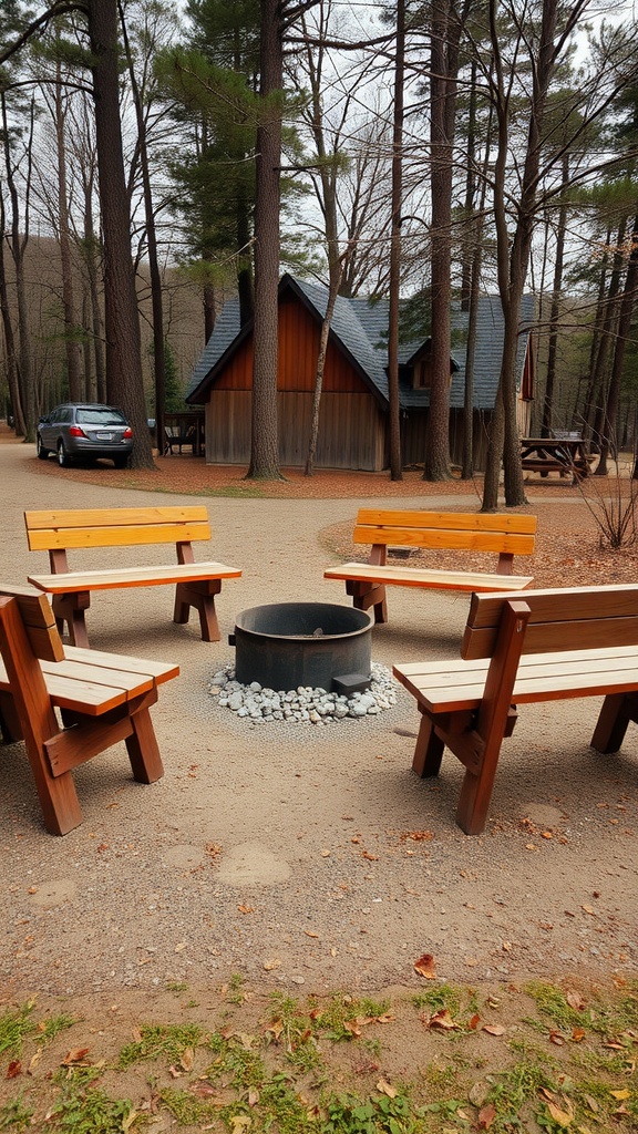 A circle of sturdy wooden picnic benches surrounding a fire pit in a wooded area.