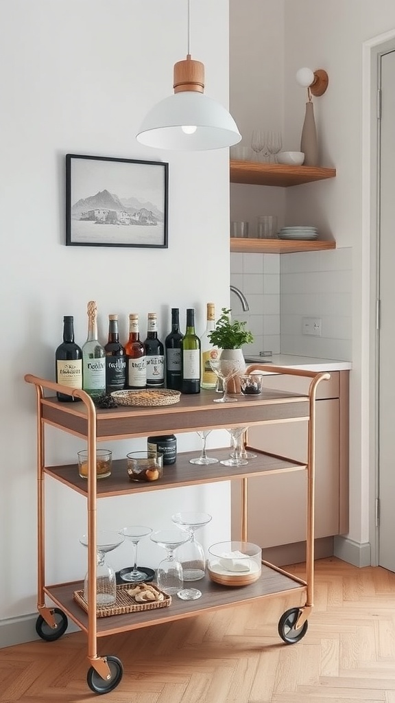 A stylish bar cart in a Scandinavian kitchen featuring bottles, glasses, and warm lighting