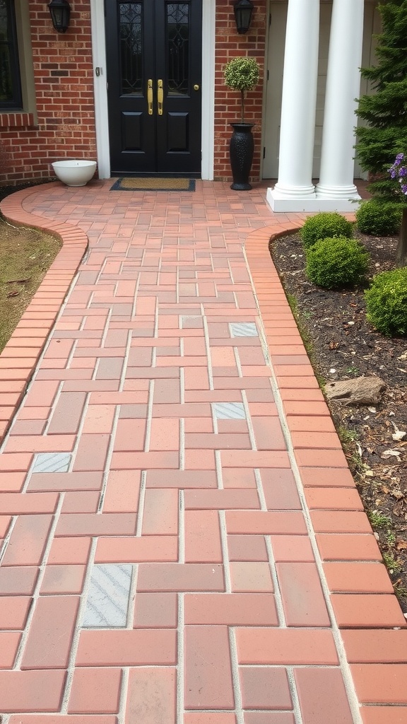 Stylish brick pathway leading to a front door, featuring contrasting edging and landscaping