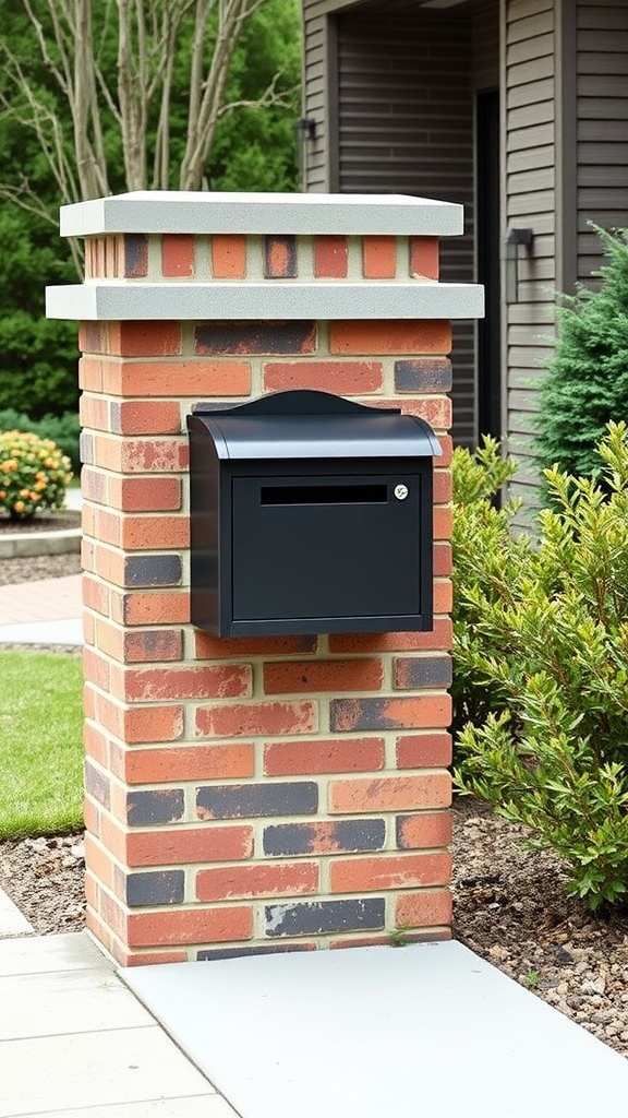 A stylish brick mailbox design featuring a sturdy red brick pillar with a black mailbox and grey concrete cap.