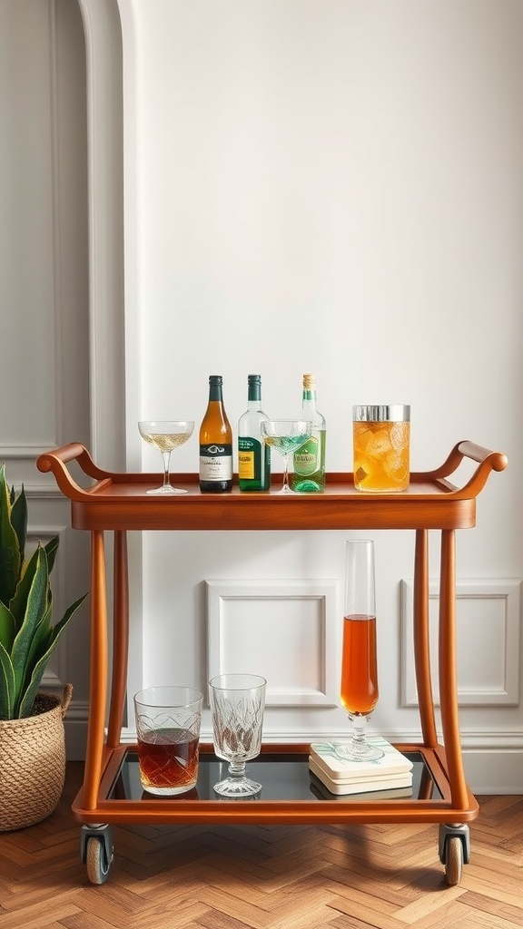 Stylish wooden bar cart with various drinks and glasses on display