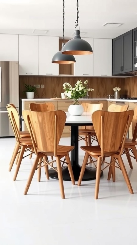 Stylish wooden chairs around a black table in a modern kitchen setting.