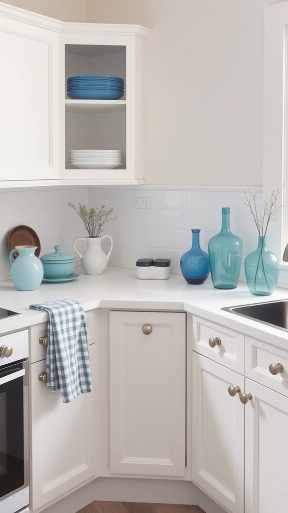 A modern kitchen featuring white cabinets and subtle blue accessories, including plates and vases.