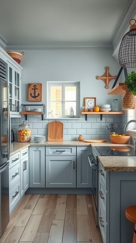 A cozy kitchen featuring subtle grayish blue cabinets and warm wood accents, with decorative coastal elements.