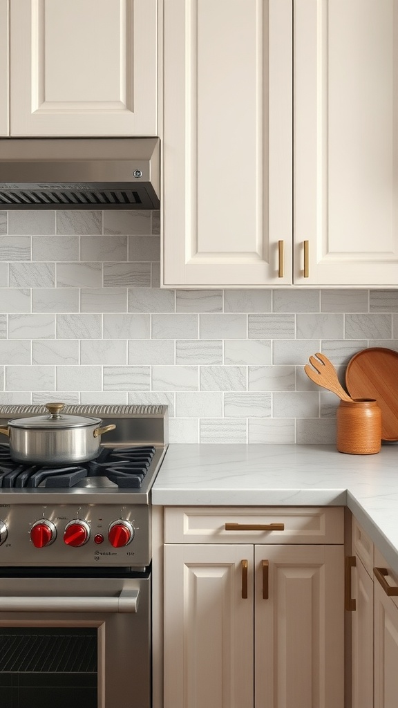 A modern kitchen showcasing a subtle patterned tile backsplash with light cabinets and a stainless steel stove.