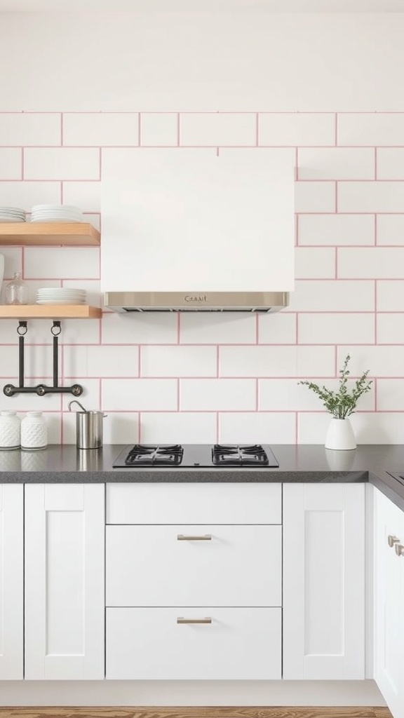 Kitchen with white tiles and subtle pink grout, featuring gray countertop and white cabinetry.