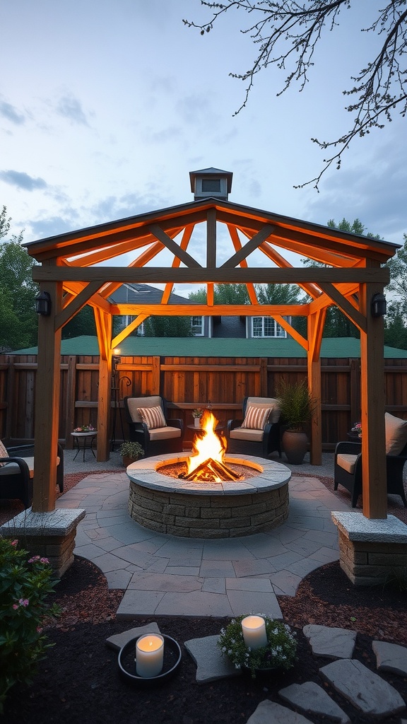 Cozy sunken fire pit grill gazebo with warm lighting and comfortable seating