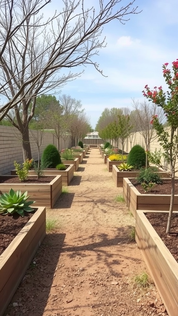 A sunken pathway lined with raised wooden planting beds in a garden.