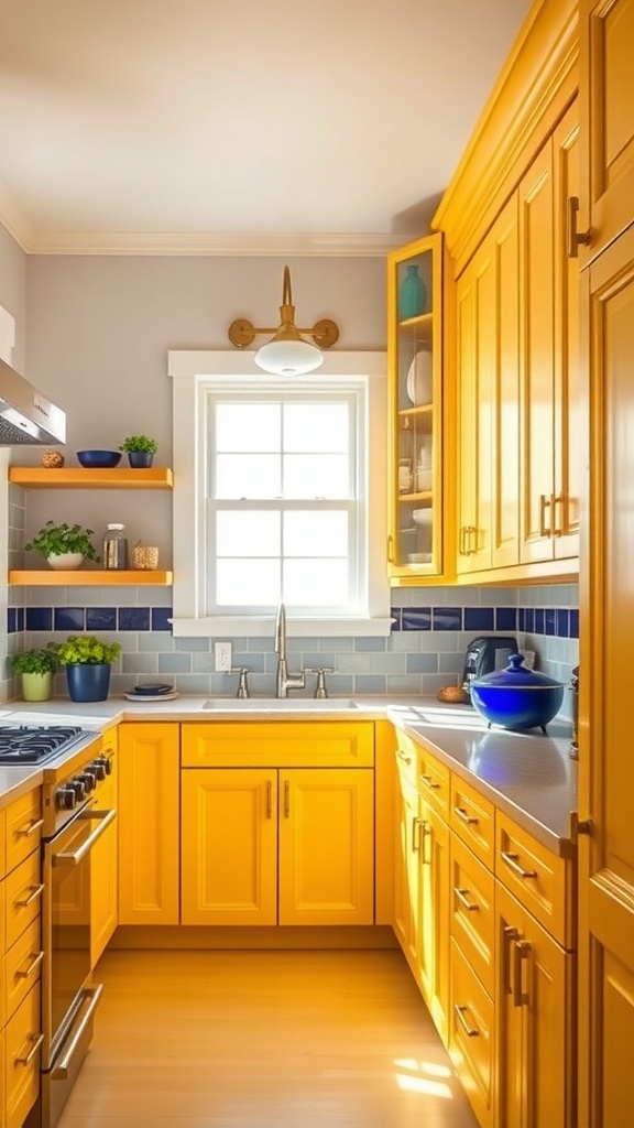 A vibrant kitchen featuring sunshine yellow cabinets and a navy backsplash, with natural light streaming in.