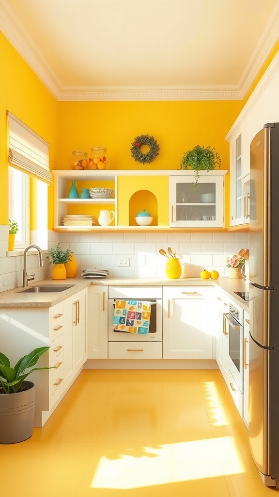 A bright kitchen with yellow walls, white cabinets, and cheerful decor.