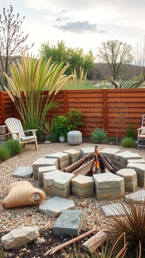 An eco-friendly fire pit area surrounded by natural materials and plants