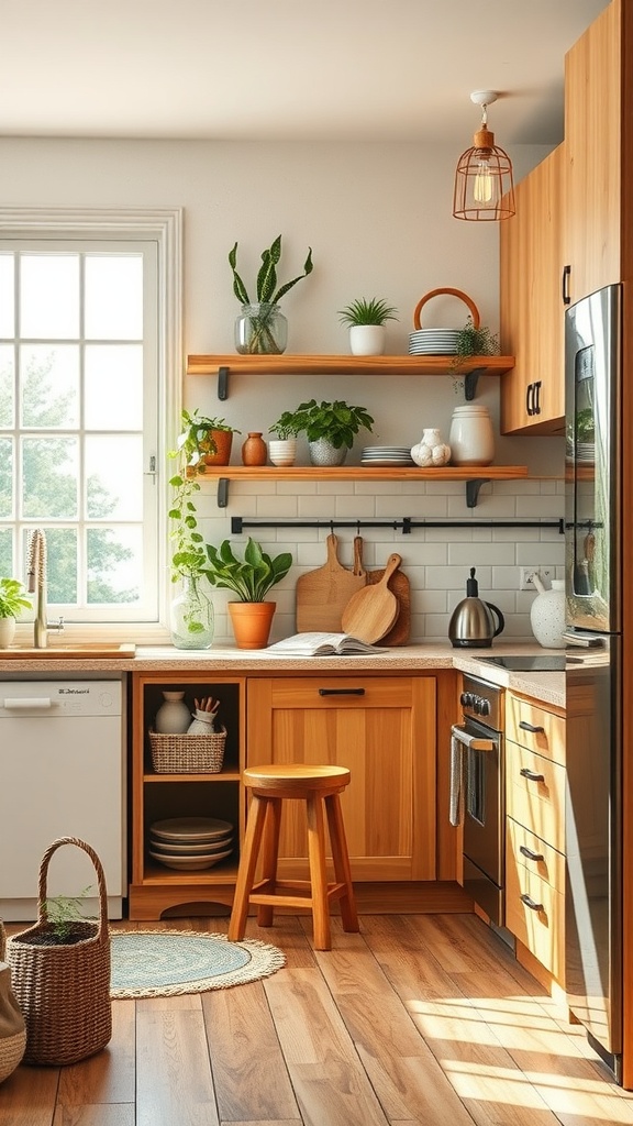 A cozy kitchen with wooden cabinets, plants on shelves, and natural light.