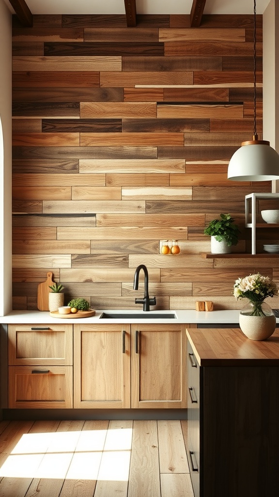 A kitchen with a wooden accent wall, featuring natural wood cabinets, a sleek sink, and plants