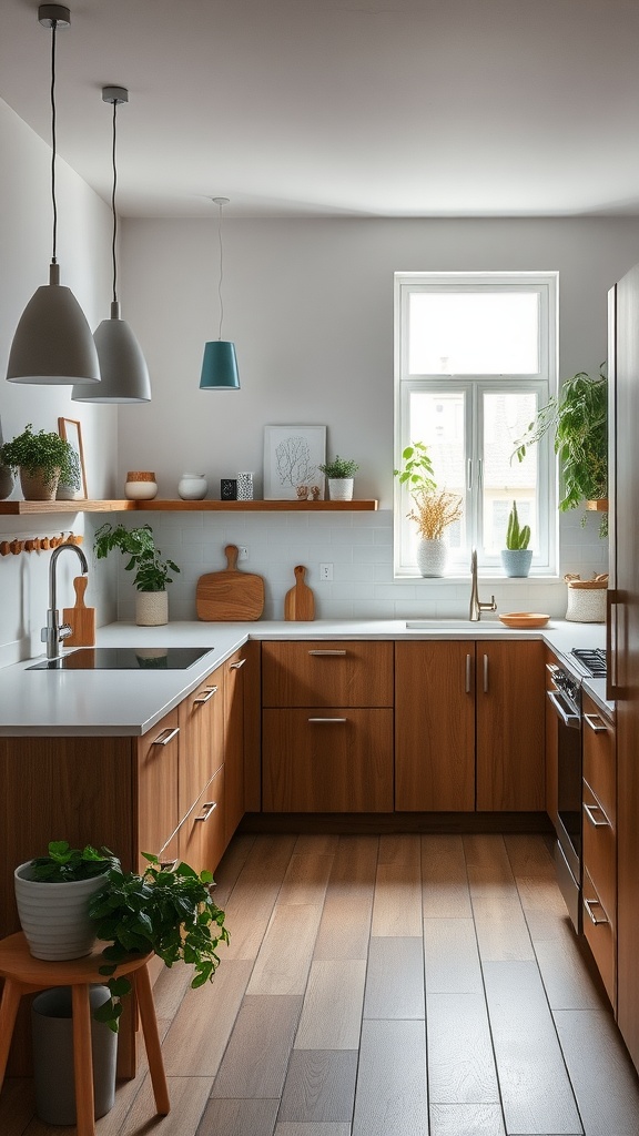 A Scandinavian kitchen with wooden cabinets, plants, and energy-efficient lighting.