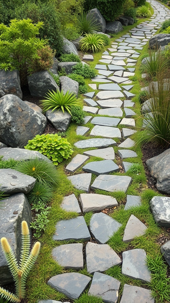 A stone pathway surrounded by lush greenery and plants