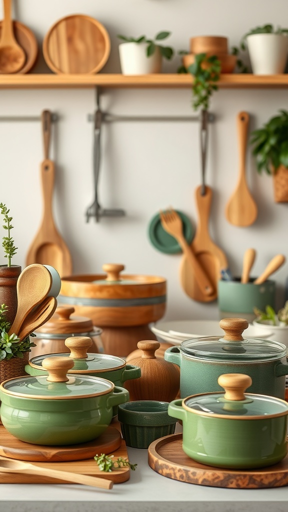 A cozy kitchen scene featuring a variety of wooden cookware and utensils