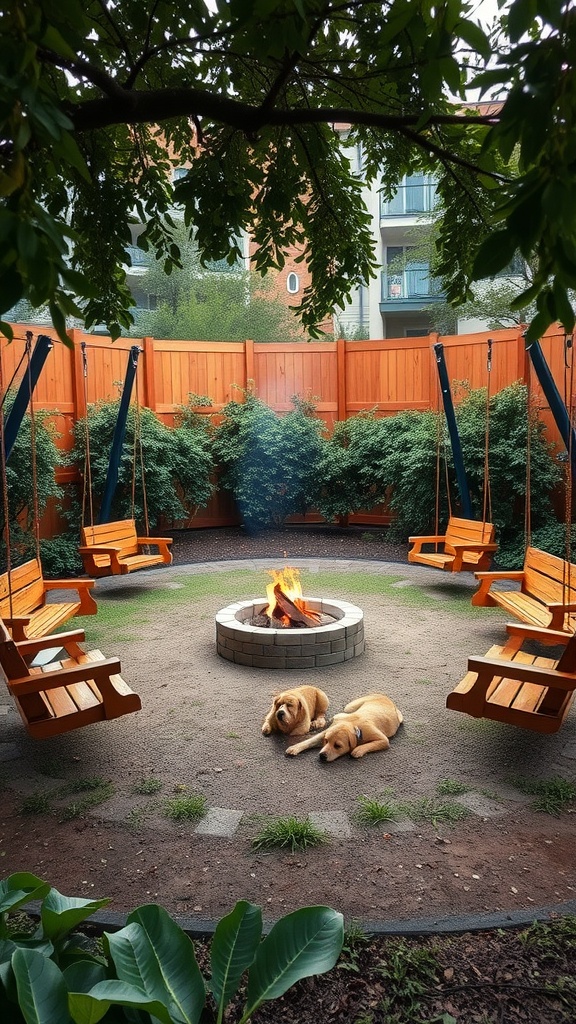 A cozy fire pit surrounded by swing seating and dogs resting on the ground.