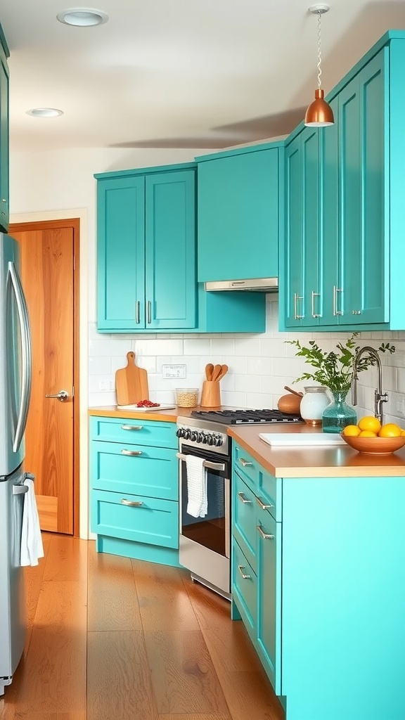 A modern kitchen featuring teal cabinets paired with maple countertops and wooden accents.