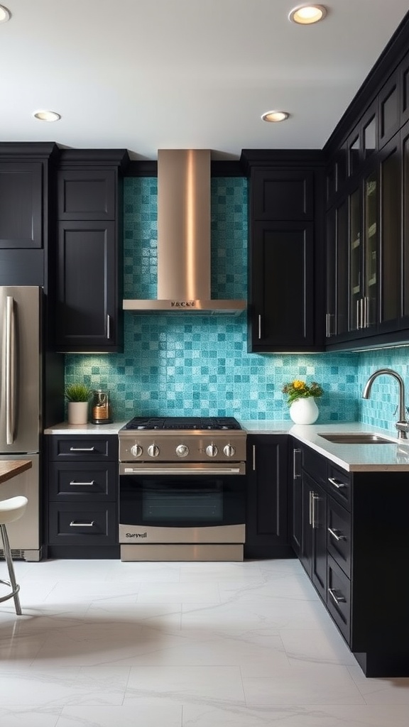 A modern kitchen featuring a teal shimmering backsplash with dark kitchen cabinets.