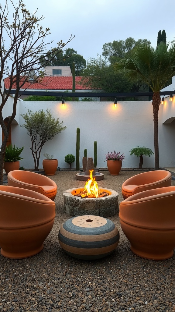 Outdoor seating area with terracotta pot seats around a fire pit