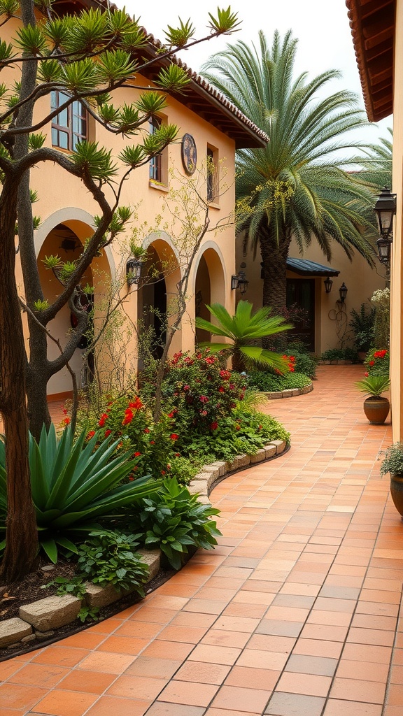 A terracotta tile path winding through a vibrant garden with lush plants and flowers.