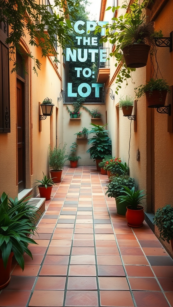 A terracotta tile pathway bordered by plants and flower pots