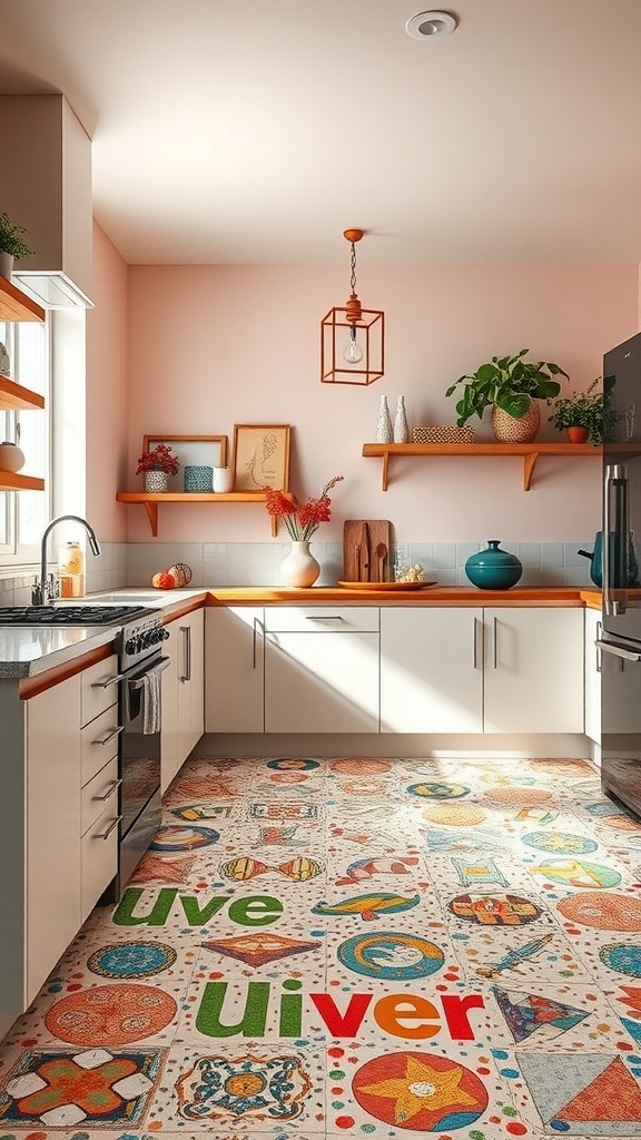 A colorful kitchen with vibrant terrazzo flooring and warm wooden accents.