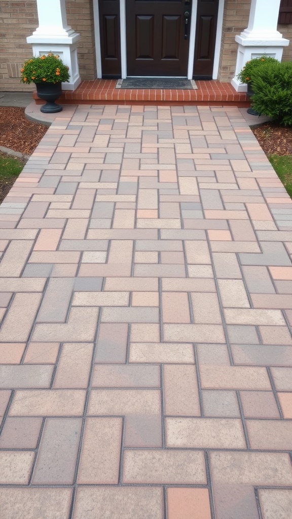 A textured brick walkway leading to a front door, featuring a mix of colors and patterns.