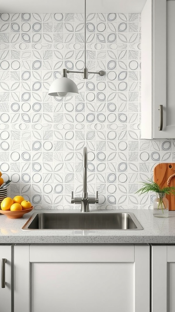 A kitchen featuring a textured ceramic tile backsplash with playful patterns, complemented by white cabinetry and fresh fruit on the countertop.