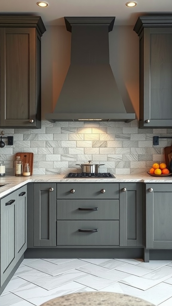 Contemporary kitchen with textured finishes showcasing dark gray cabinetry and herringbone backsplash.