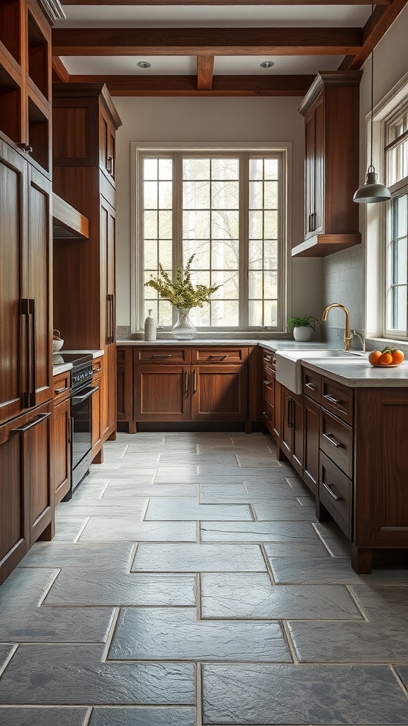 A kitchen featuring textured stone tiles, wooden cabinets, and natural light from large windows.