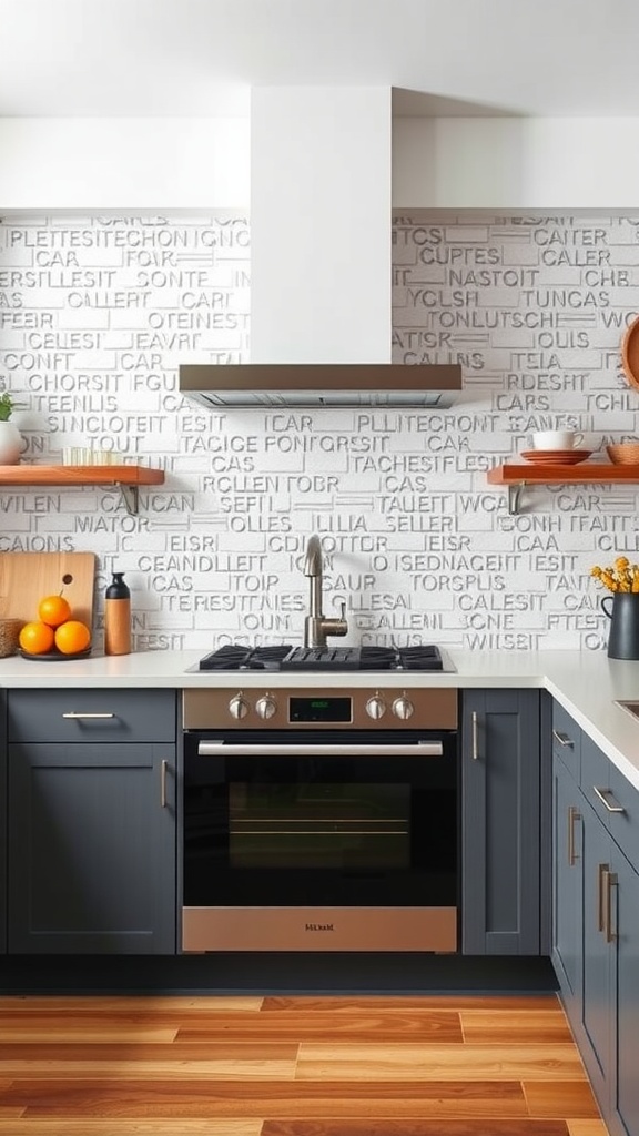 A modern kitchen featuring textured subway tiles as a backsplash, dark cabinetry, and wooden flooring.