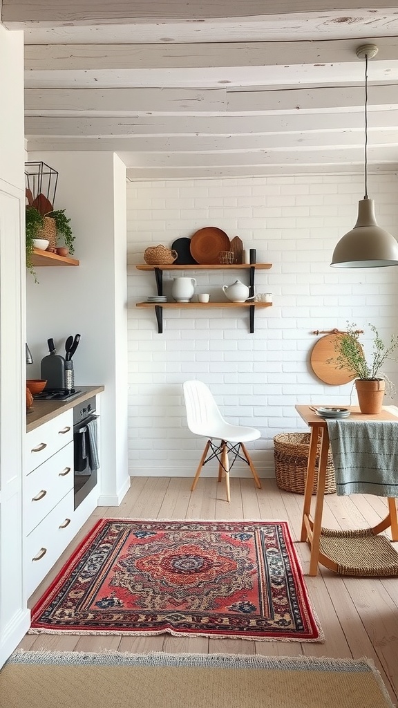 A cozy Scandinavian kitchen with layered textures, featuring a red area rug, wooden shelves, and plants.