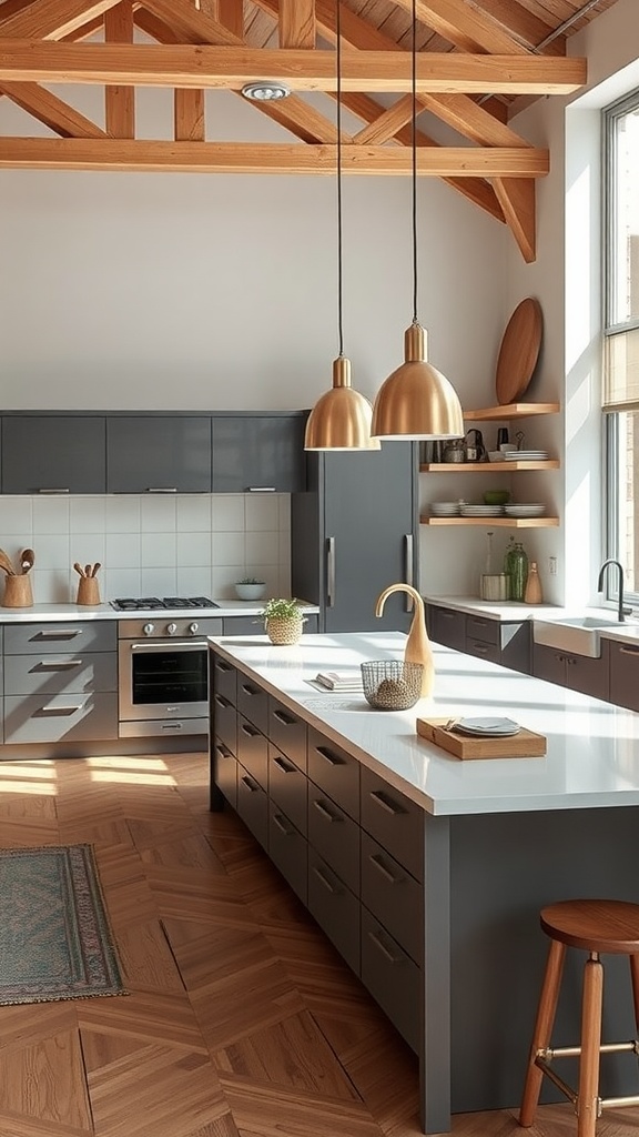 A modern Scandinavian kitchen featuring a functional island with storage and lighting.