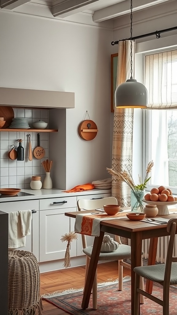 A cozy Scandinavian kitchen with warm textiles and wooden accents, featuring a dining table set for a meal.